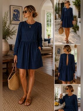 100% Cotton Denim Babydoll L Dress Dark Wash Long Sleeve Euro Summer Cottagecore